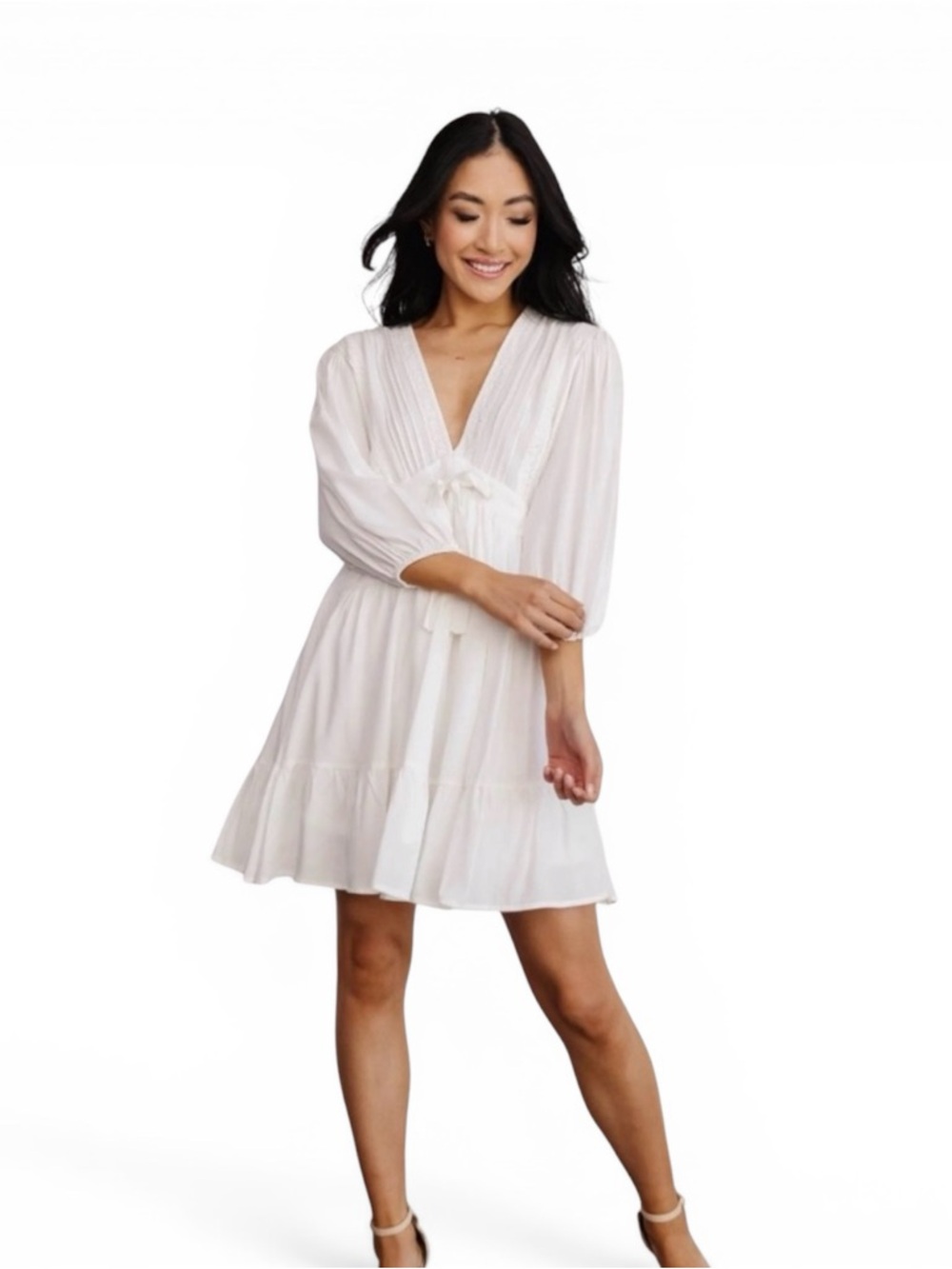 Baltic Born Amelia Ivory V-Neck Tie-Front Tiered Babydoll Mini Dress, NWOT, XL